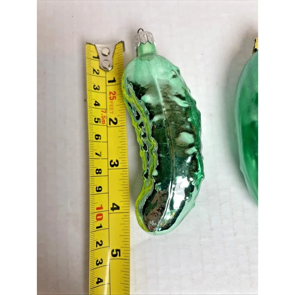 2 Vintage Hand Blown Glass Pickle Ornaments Christmas Holiday